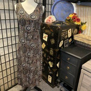 - Vintage 90s Kari New York Black Brown White Print Sleeveless Maxi Dress